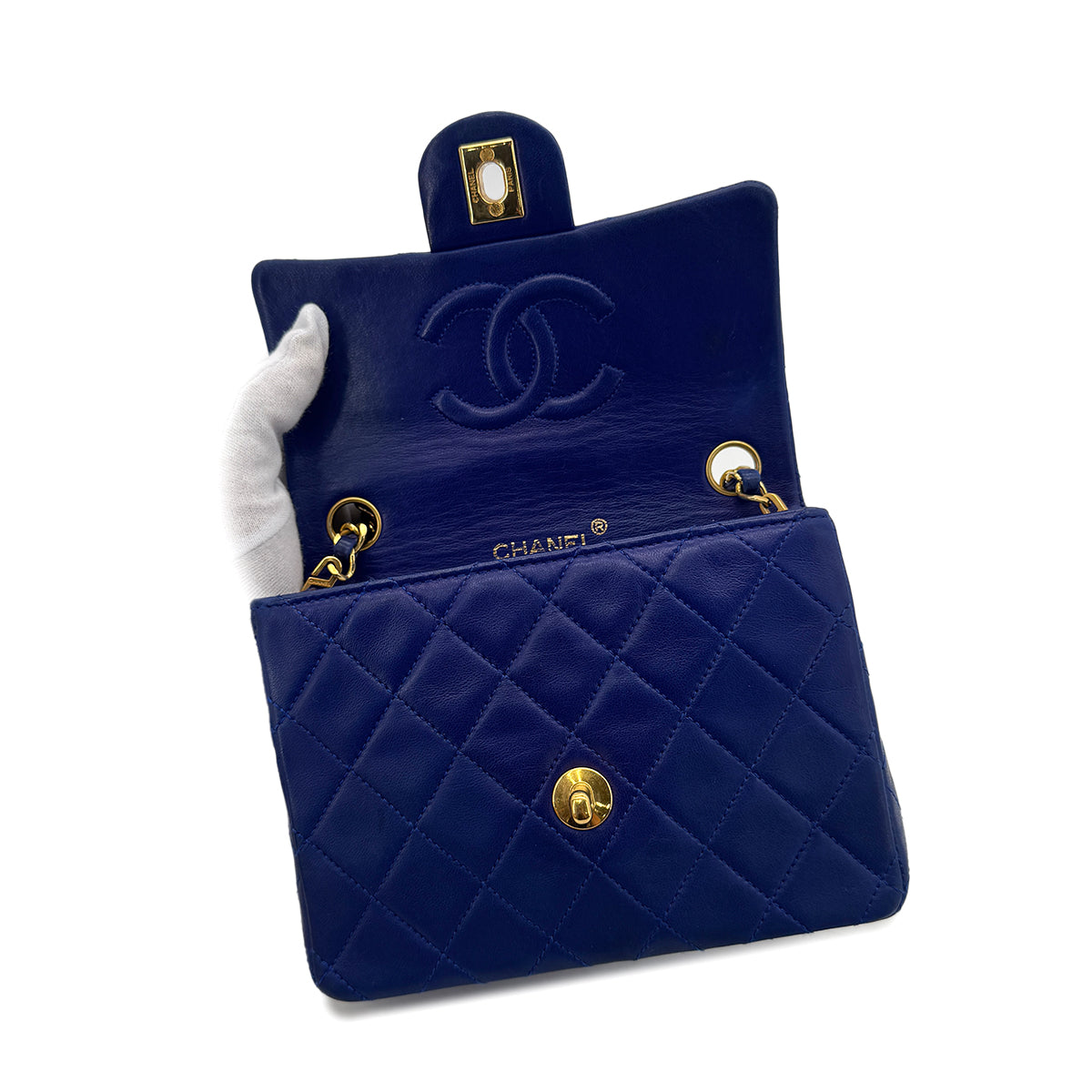 CHANEL VINTAGE MINI SQUARE 17 CHAIN SHOULDER BAG BLUE LAMB SKIN 90287892