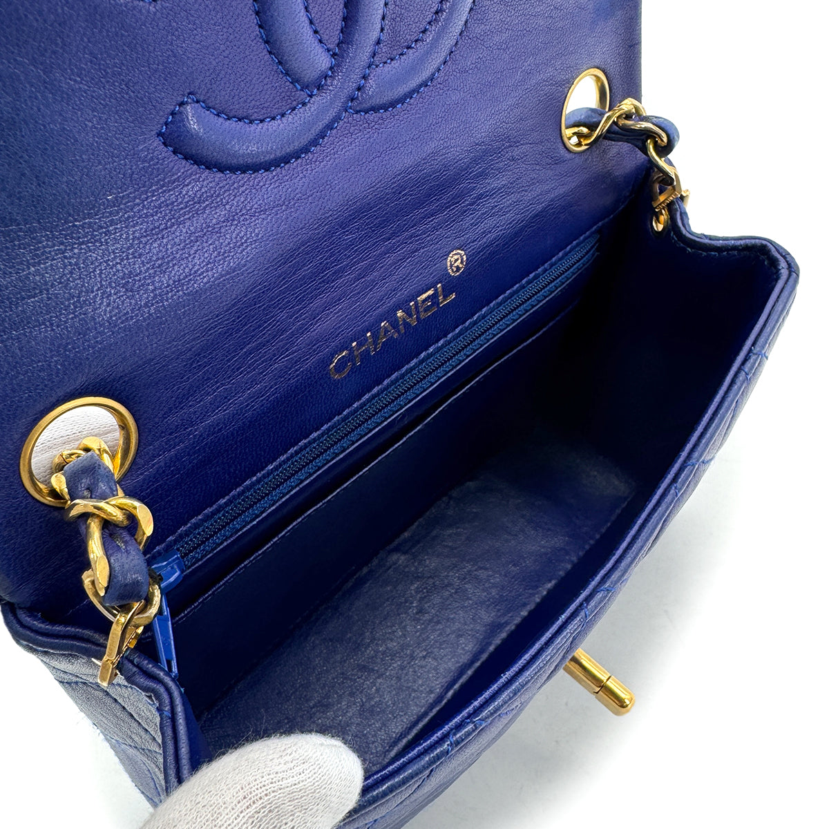 CHANEL VINTAGE MINI SQUARE 17 CHAIN SHOULDER BAG BLUE LAMB SKIN 90287892