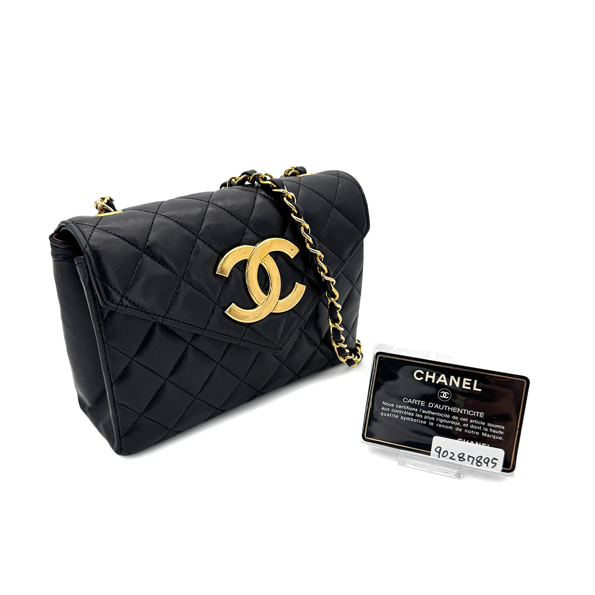 CHANEL VINTAGE MATELASSE BIG COCO CHAIN SHOULDER BAG BLACK LAMB SKIN 90287895