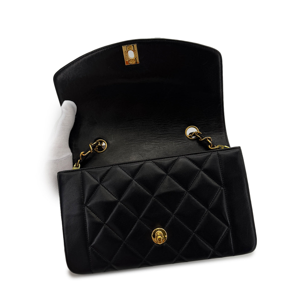 CHANEL VINTAGE DIANA SMALL CHAIN SHOULDER BAG BLACK LAMB SKIN 90287897