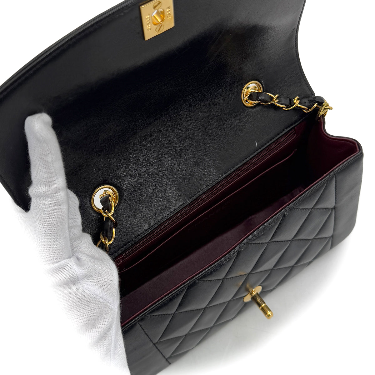 CHANEL VINTAGE DIANA SMALL CHAIN SHOULDER BAG BLACK LAMB SKIN 90287897
