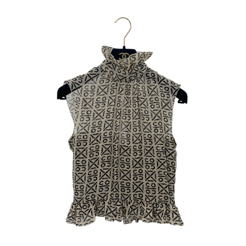 CHANEL VINTAGE COCO BUTTON LOGO SLEEVELESS BLOUSE BEIGE SILK 36 00A RTW 90287920 - PURPOSE