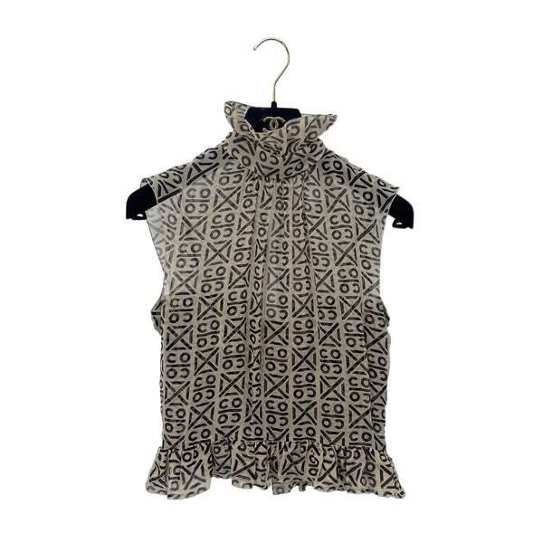 CHANEL VINTAGE COCO BUTTON LOGO SLEEVELESS BLOUSE BEIGE SILK 36 00A RTW 90287920 - PURPOSE