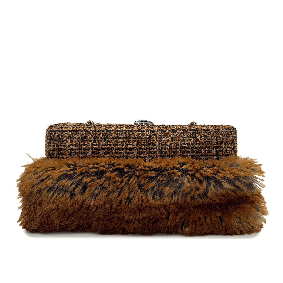 CHANEL CLUTCH CHAIN SHOULDER BAG BROWN TWEED FUR 90288006