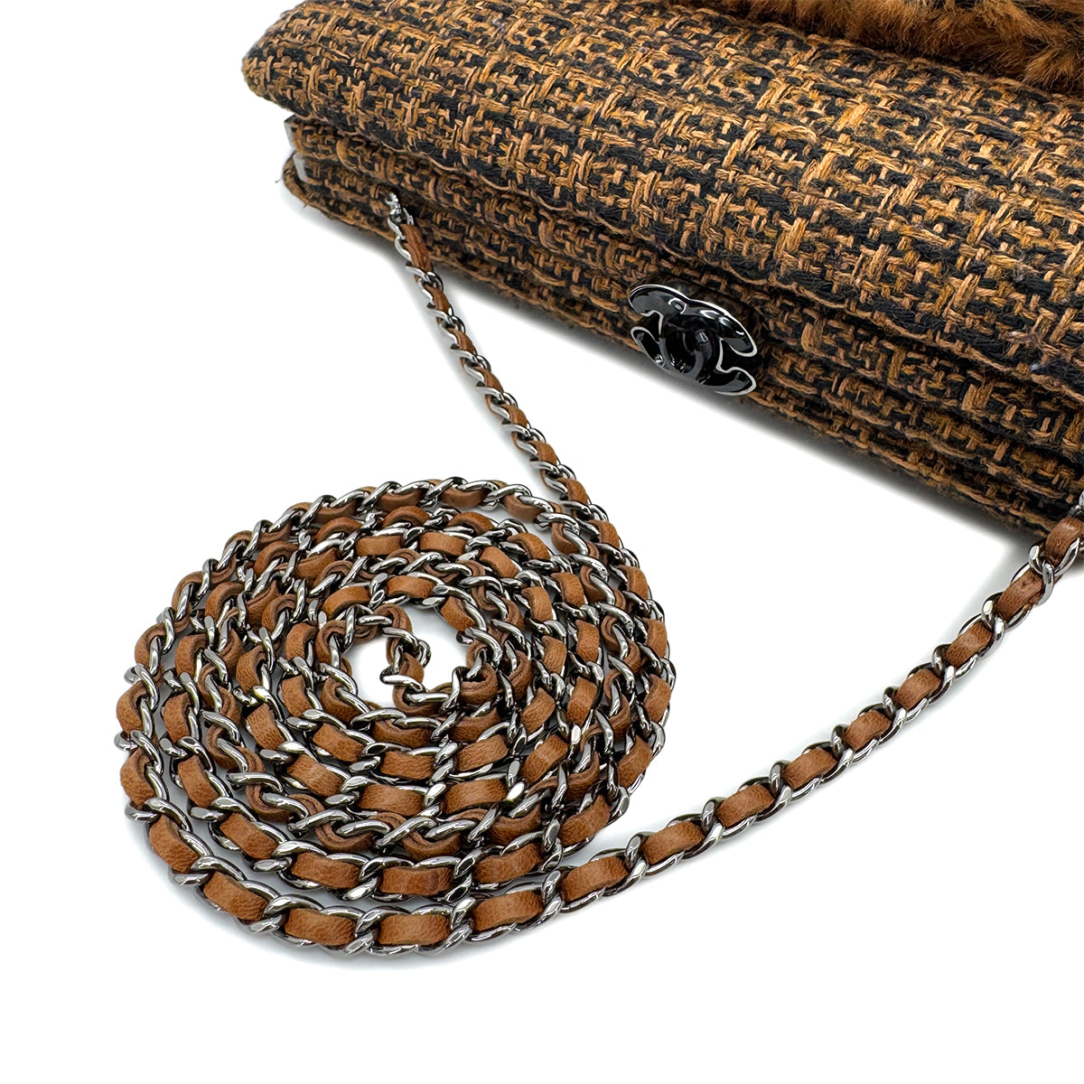CHANEL CLUTCH CHAIN SHOULDER BAG BROWN TWEED FUR 90288006