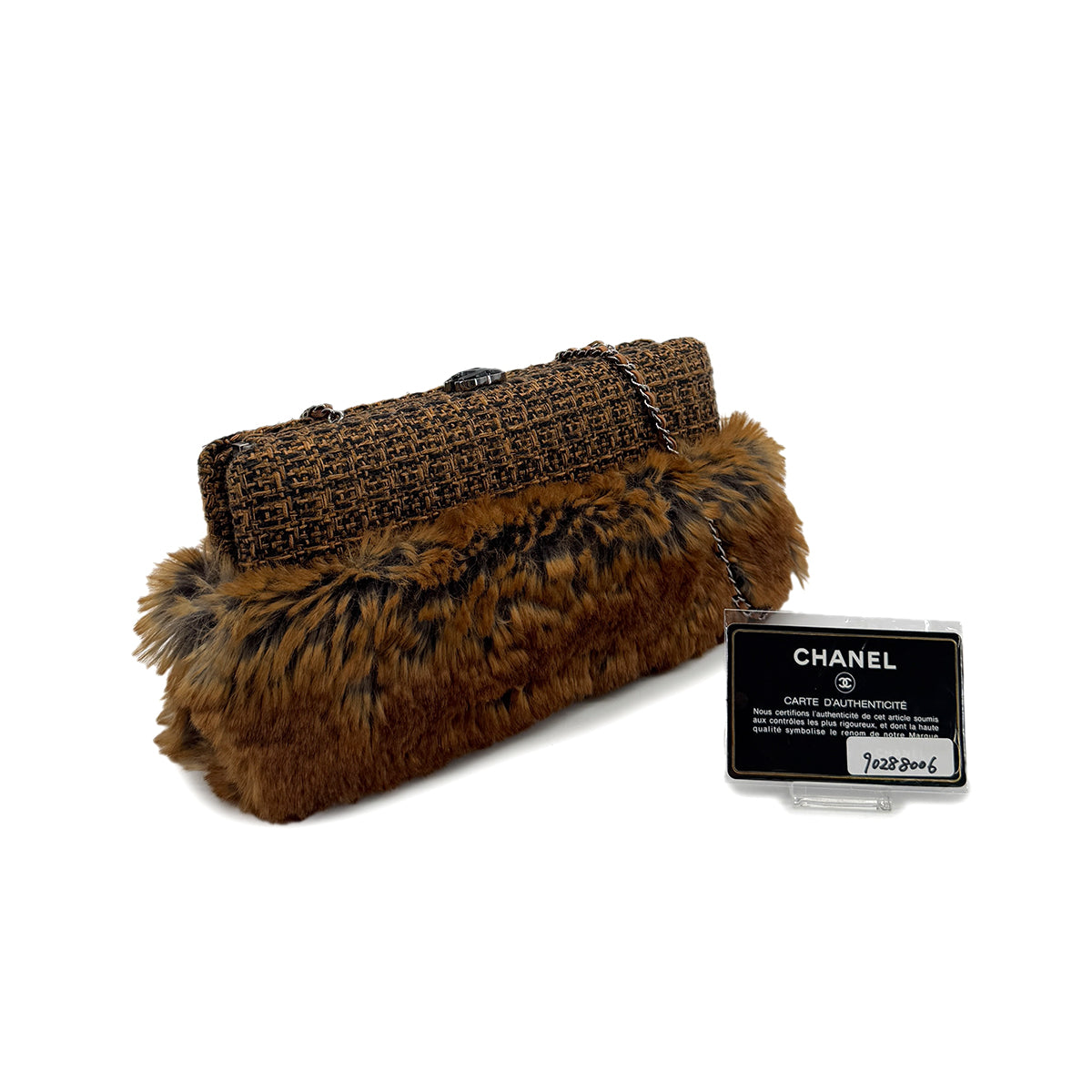 CHANEL CLUTCH CHAIN SHOULDER BAG BROWN TWEED FUR 90288006