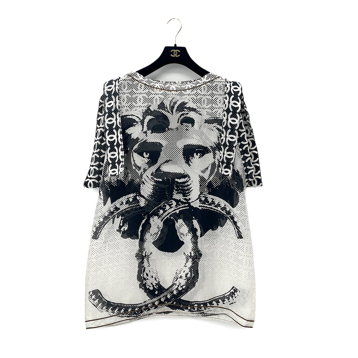CHANEL COCOMARK LION PRINT HALF SLEEVE TOPS BLACK WHITE COTTON 48 P37 RTW 90288021