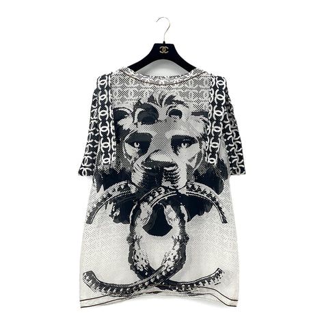 CHANEL COCOMARK LION PRINT HALF SLEEVE TOPS BLACK WHITE COTTON 48 P37 RTW 90288021 - PURPOSE