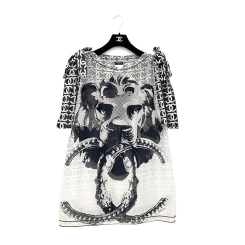 CHANEL COCOMARK LION PRINT HALF SLEEVE TOPS BLACK WHITE COTTON 48 P37 RTW 90288021 - PURPOSE