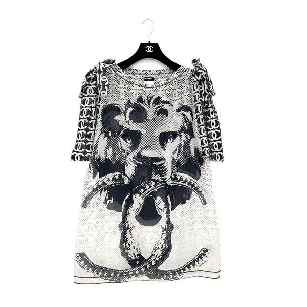 CHANEL COCOMARK LION PRINT HALF SLEEVE TOPS BLACK WHITE COTTON 48 P37 RTW 90288021