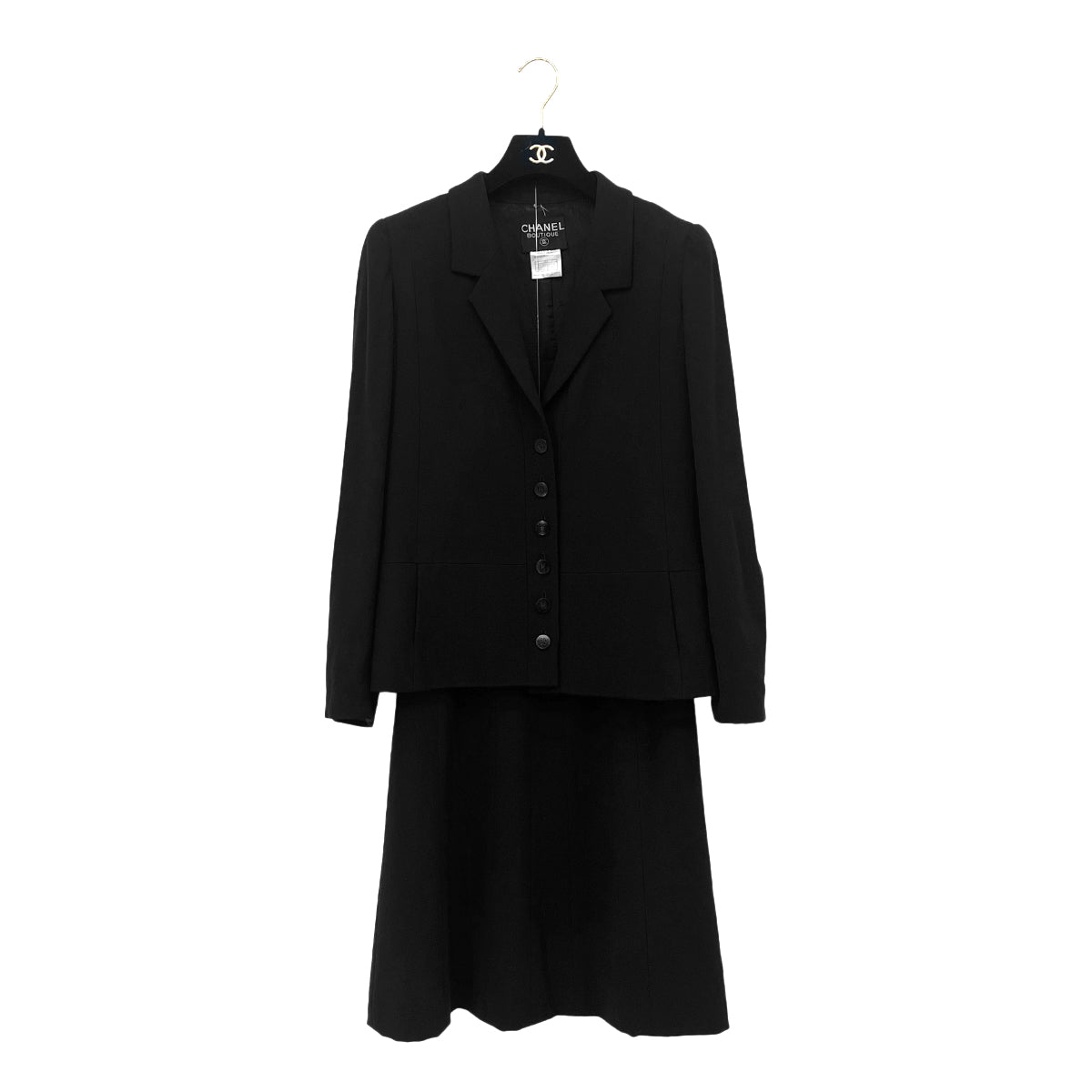 CHANEL VINTAGE JACKET SKIRT SET WOOL COCO BUTTON BLACK 38 98A RTW 90288023