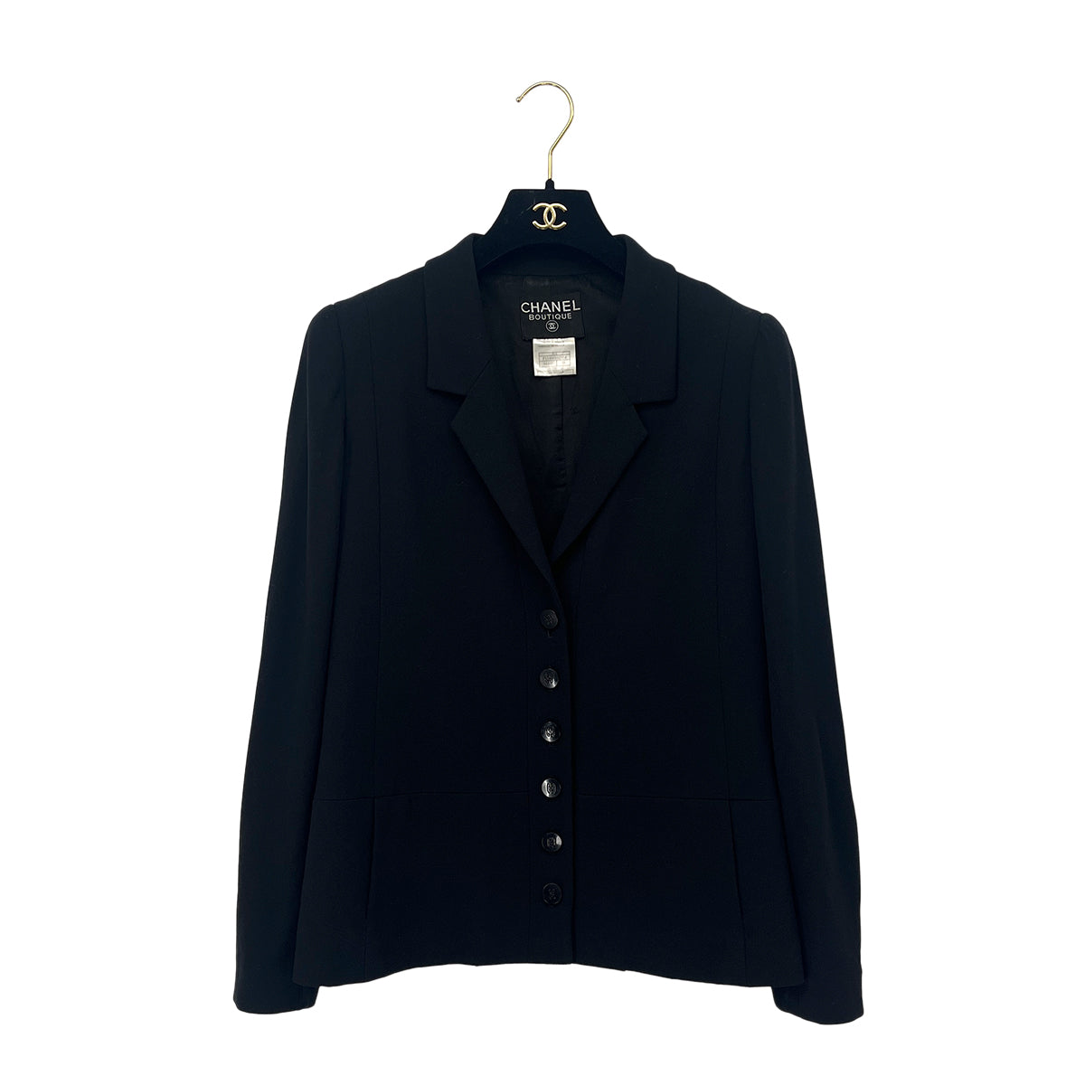 CHANEL VINTAGE JACKET SKIRT SET WOOL COCO BUTTON BLACK 38 98A RTW 90288023