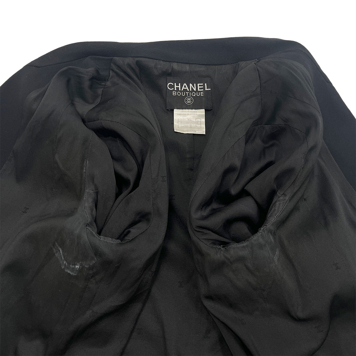 CHANEL VINTAGE JACKET SKIRT SET WOOL COCO BUTTON BLACK 38 98A RTW 90288023