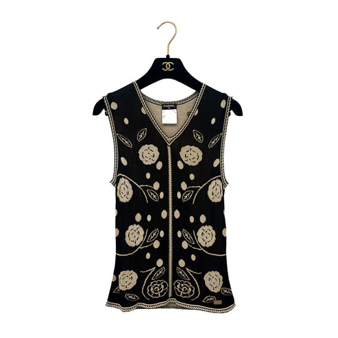 CHANEL CAMELLIA SLEEVELESS TOPS BLACK BEIGE RAYON 38 02P RTW 90288025