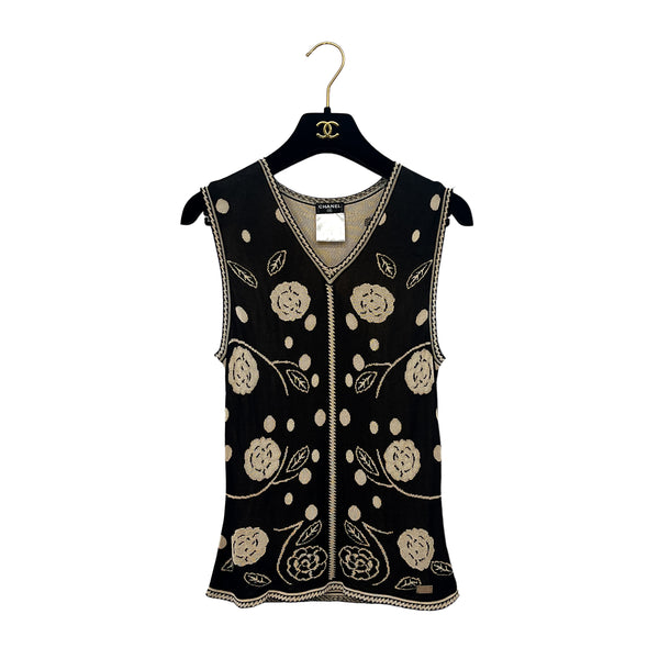 CHANEL CAMELLIA SLEEVELESS TOPS BLACK BEIGE RAYON 38 02P RTW 90288025 - PURPOSE