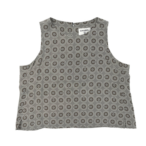 CHANEL COCO LOGO SLEEVELESS BLOUSE GRAY SILK 44 01A RTW 90288026