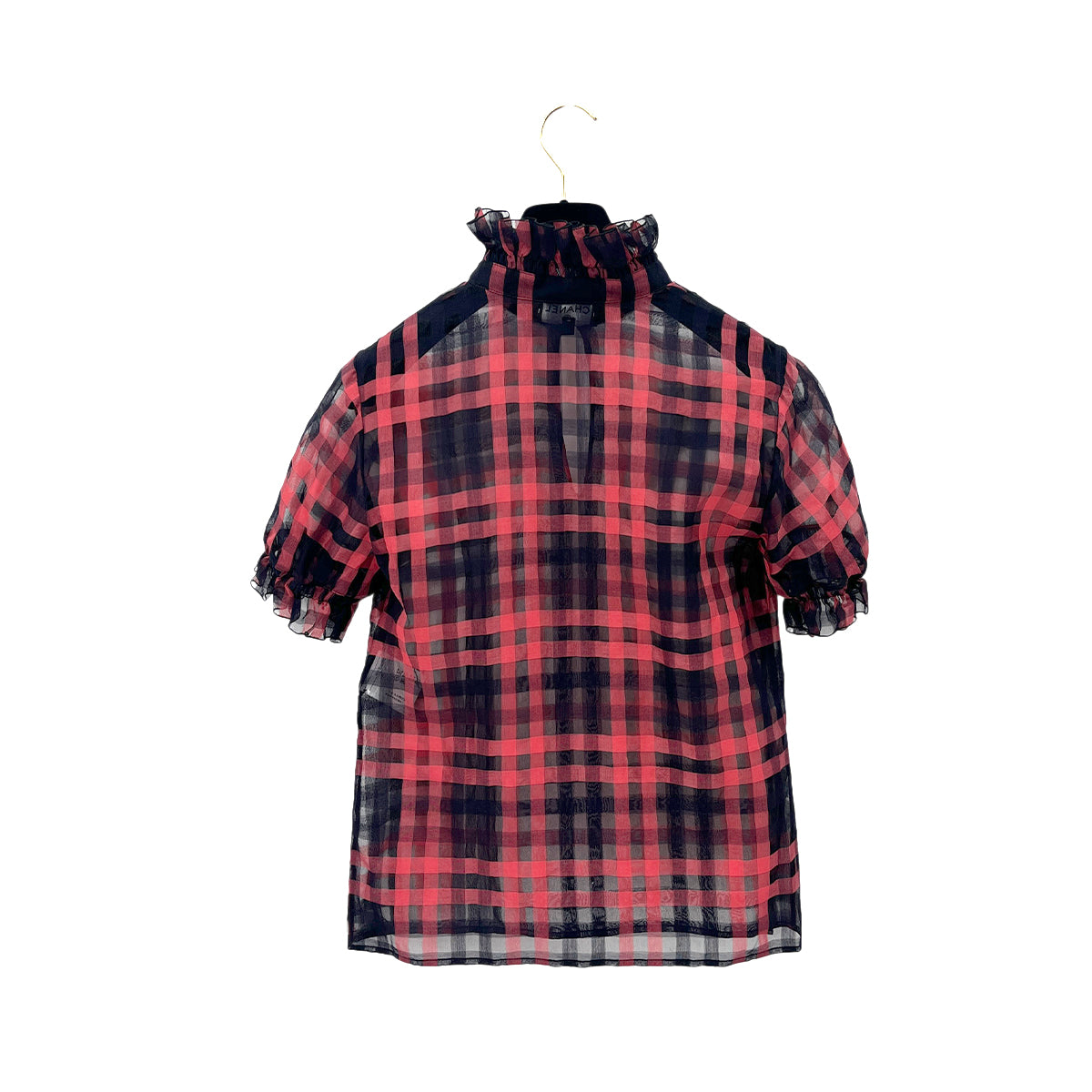 CHANEL VINTAGE LION BUTTON GINGHAM CHECK PATTERN ORGANZA BLOUSE CORAL DARK NAVY COTTON 34 17P RTW 90288027