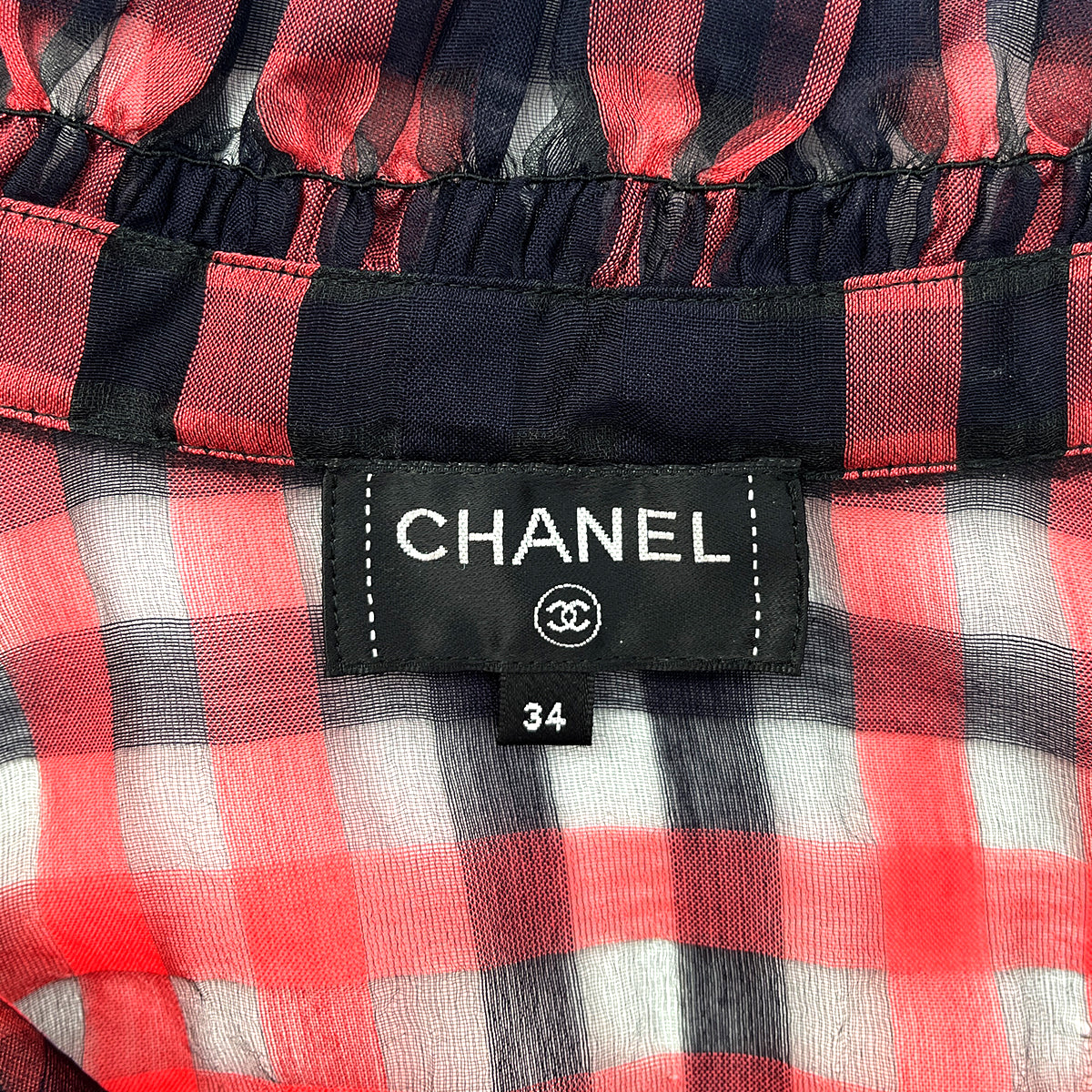 CHANEL VINTAGE LION BUTTON GINGHAM CHECK PATTERN ORGANZA BLOUSE CORAL DARK NAVY COTTON 34 17P RTW 90288027