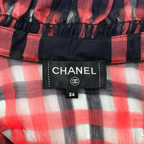 CHANEL LION BUTTON GINGHAM CHECK PATTERN ORGANZA BLOUSE CORAL DARK NAVY COTTON 34 P55 RTW 90288027
