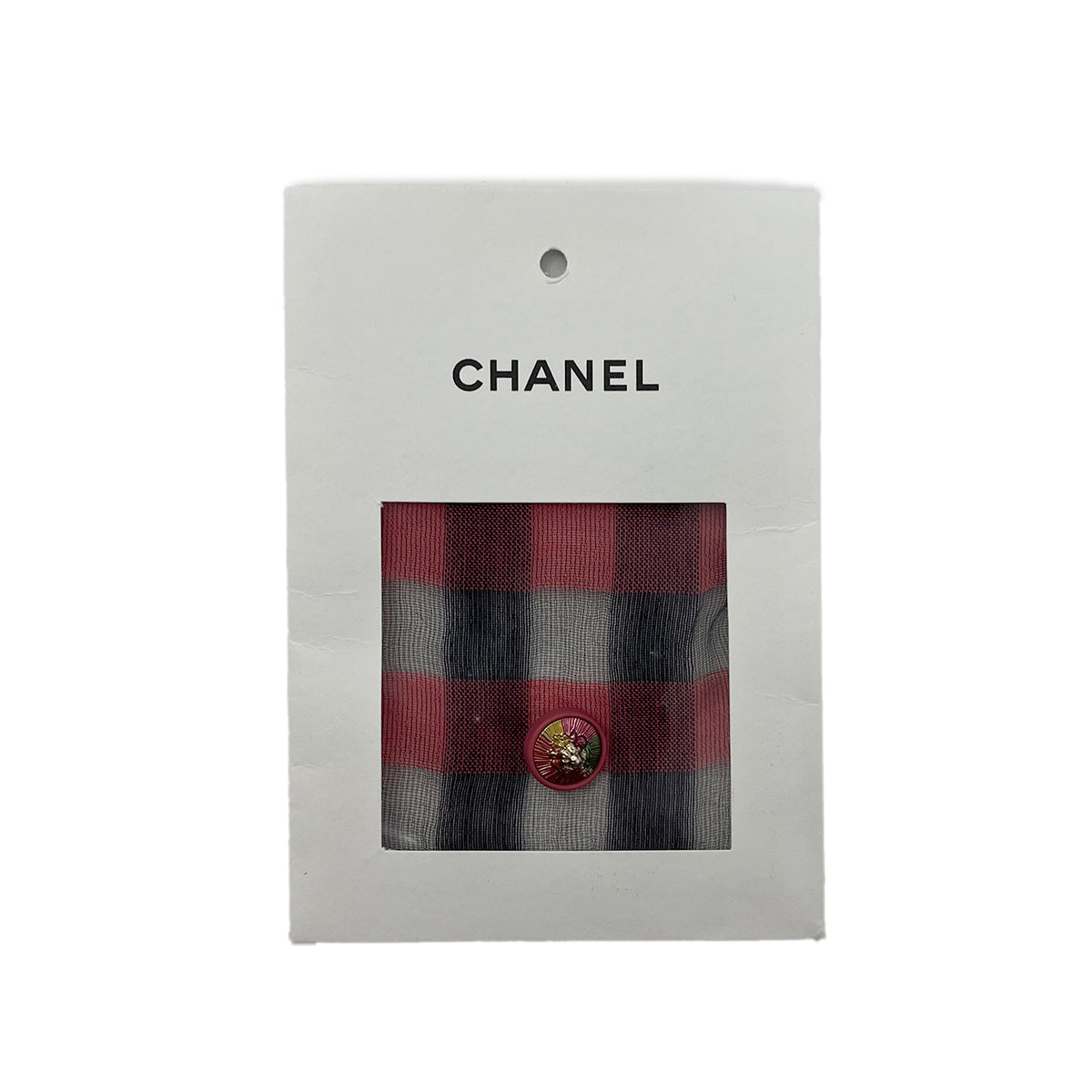 CHANEL VINTAGE LION BUTTON GINGHAM CHECK PATTERN ORGANZA BLOUSE CORAL DARK NAVY COTTON 34 17P RTW 90288027