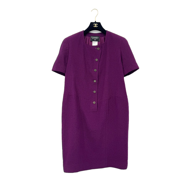 CHANEL VINTAGE COCO BUTTON SHORT SLEEVE DRESS PURPLE WOOL 42 98A RTW 90288029