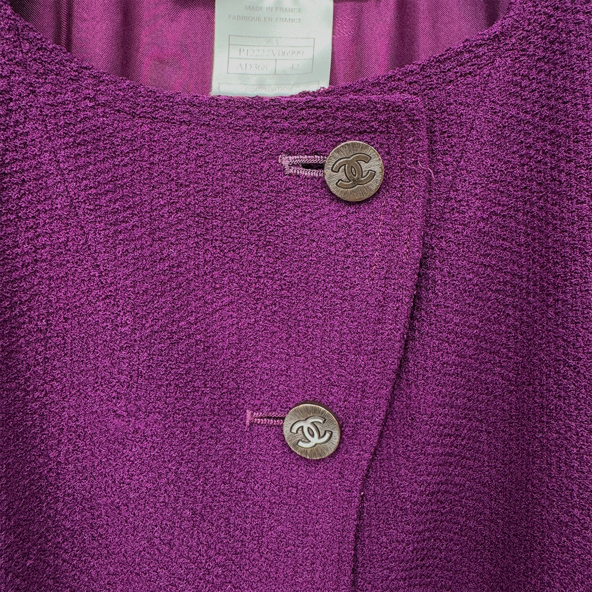 CHANEL VINTAGE COCO BUTTON SHORT SLEEVE DRESS PURPLE WOOL 42 98A RTW 90288029