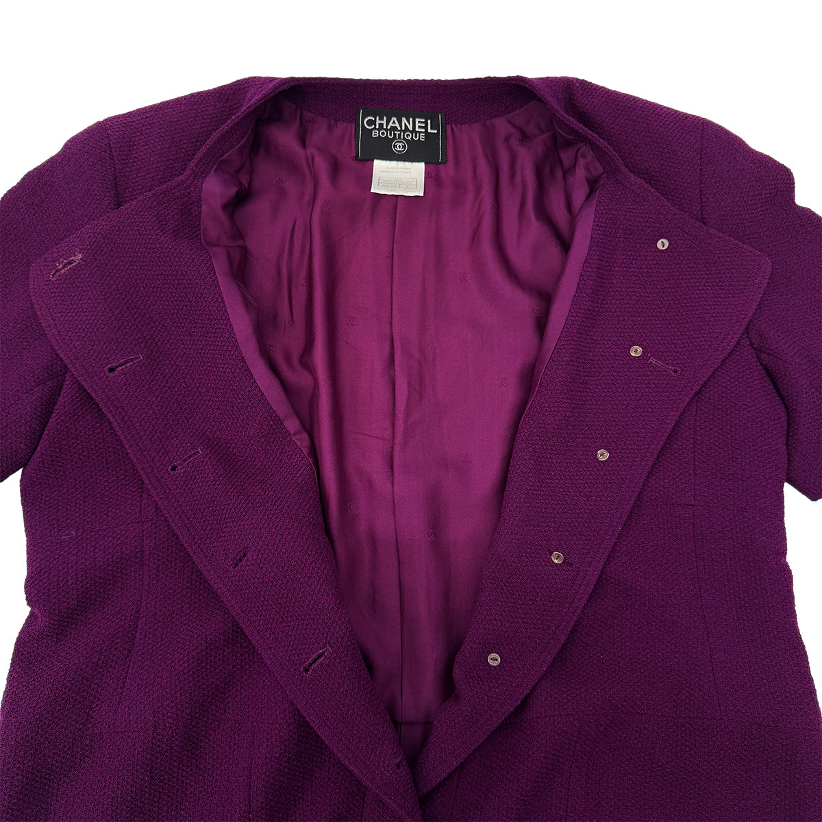 CHANEL VINTAGE COCO BUTTON SHORT SLEEVE DRESS PURPLE WOOL 42 98A RTW 90288029