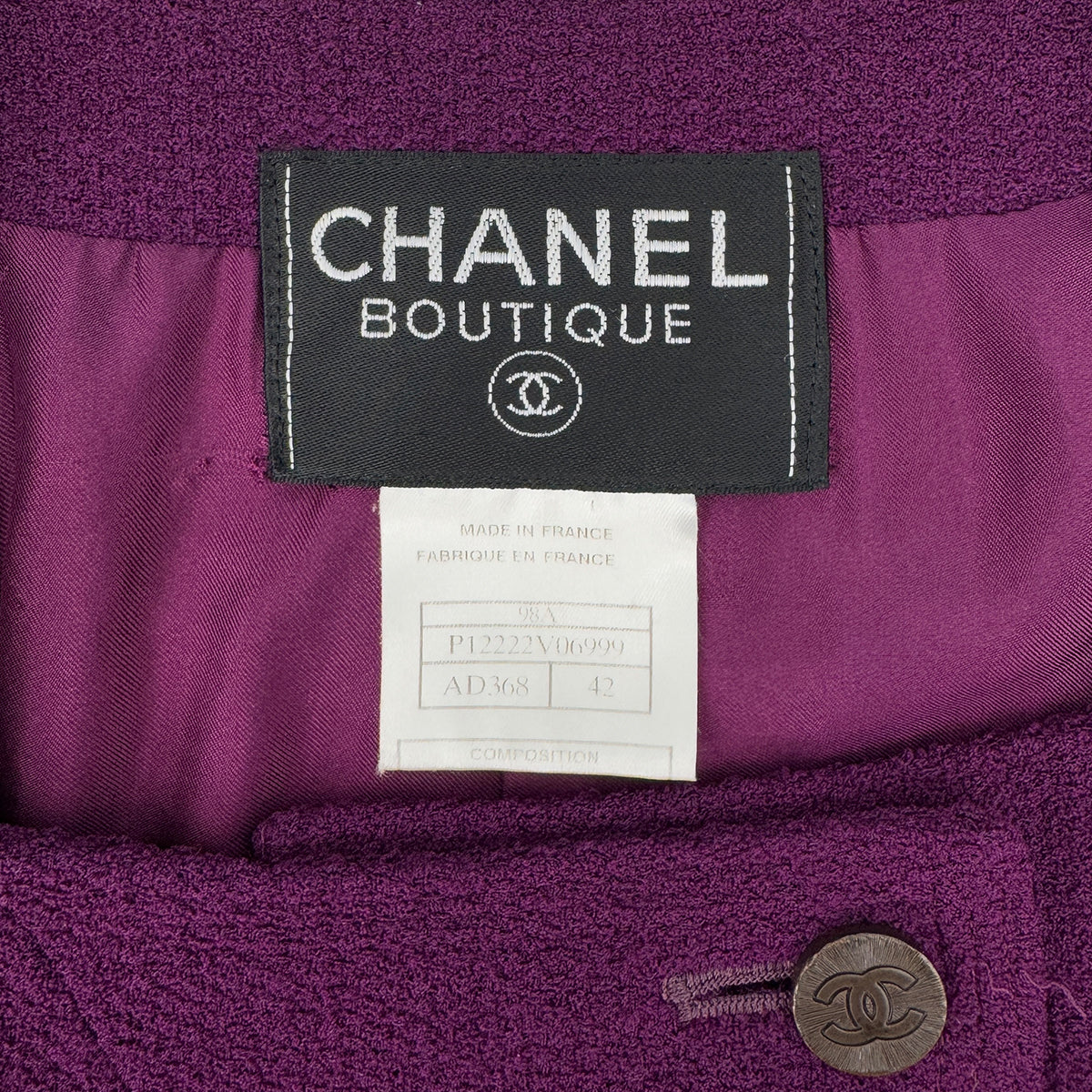 CHANEL VINTAGE COCO BUTTON SHORT SLEEVE DRESS PURPLE WOOL 42 98A RTW 90288029