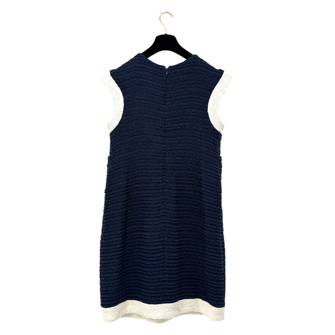 CHANEL TWEED COCO BUTTON SLEEVELESS ZIP DRESS NAVY WHITE COTTON 44 P49 RTW 90288030