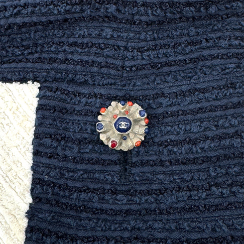 CHANEL TWEED COCO BUTTON SLEEVELESS ZIP DRESS NAVY WHITE COTTON 44 P49 RTW 90288030