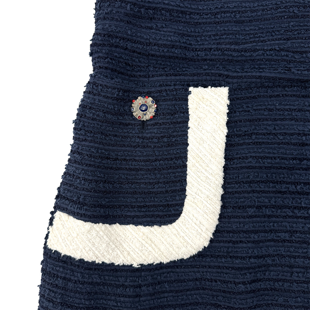 CHANEL TWEED COCO BUTTON SLEEVELESS ZIP DRESS NAVY WHITE COTTON 44 P49 RTW 90288030