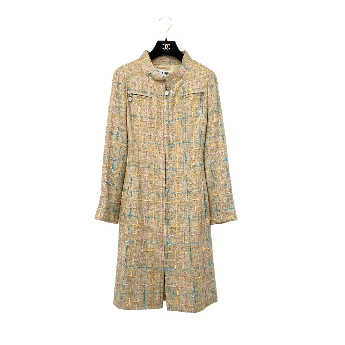 CHANEL VINTAGE COCO BUTTON TWEED ZIP-UP COAT BEIGE RAYON 36 01P RTW 90288031