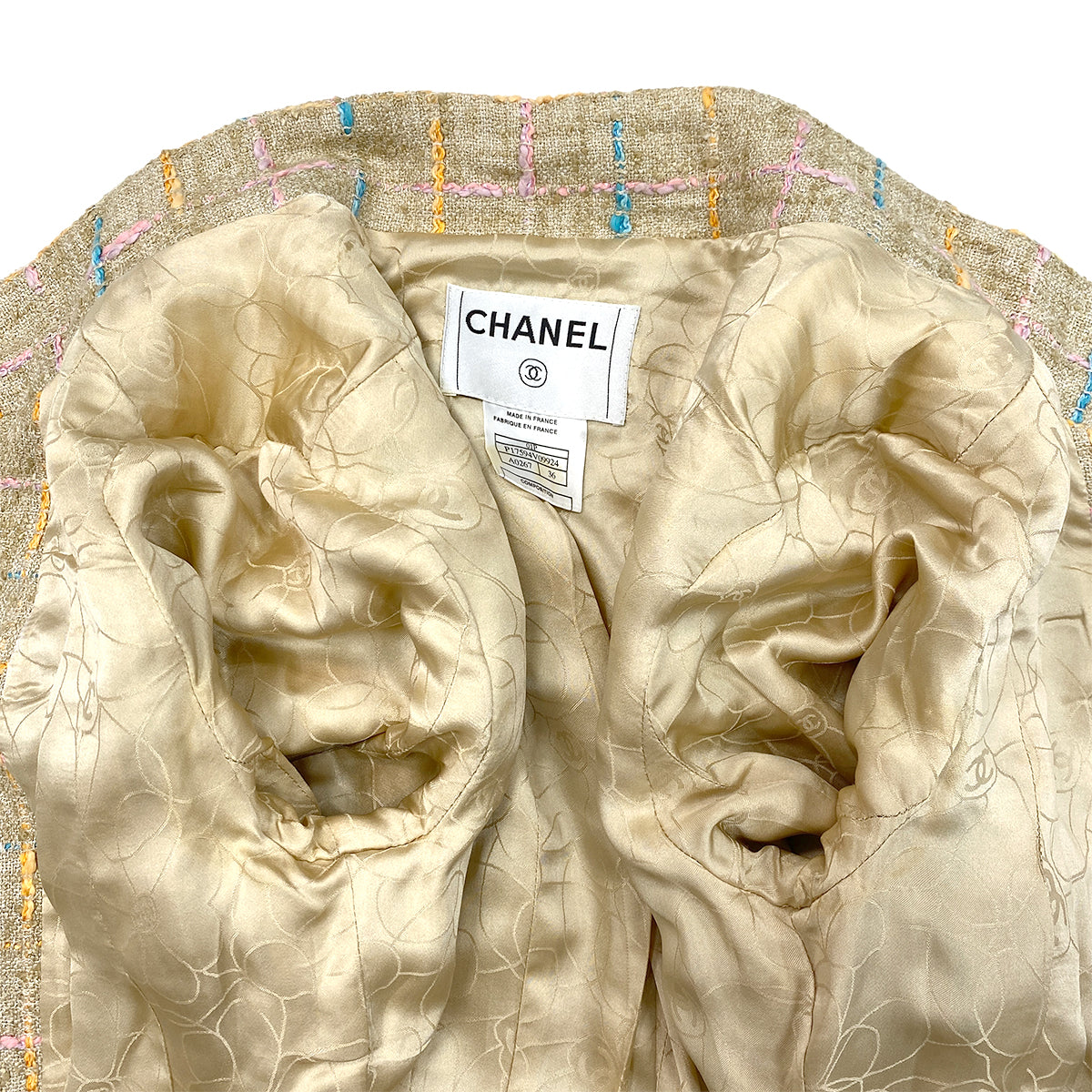 CHANEL VINTAGE COCO BUTTON TWEED ZIP-UP COAT BEIGE RAYON 36 01P RTW 90288031
