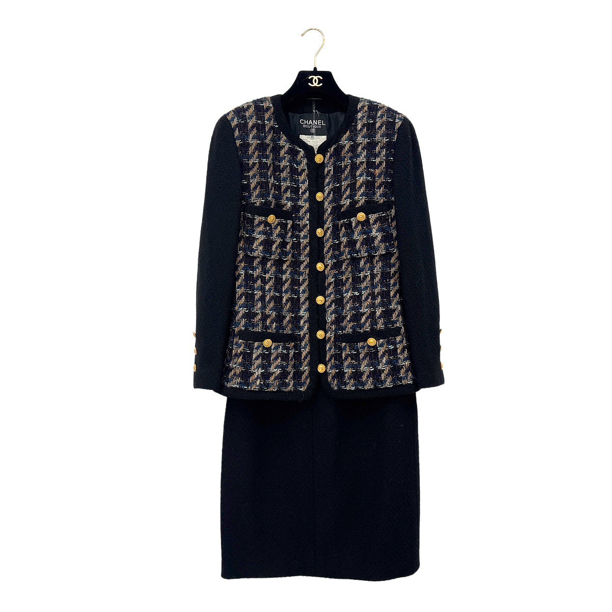 CHANEL VINTAGE TWEED JACKET SKIRT SET WOOL COCO BUTTON BLACK 40 RTW 90288033