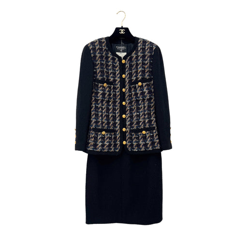 CHANEL VINTAGE TWEED JACKET SKIRT SET WOOL COCO BUTTON BLACK 40 RTW 90288033 - PURPOSE