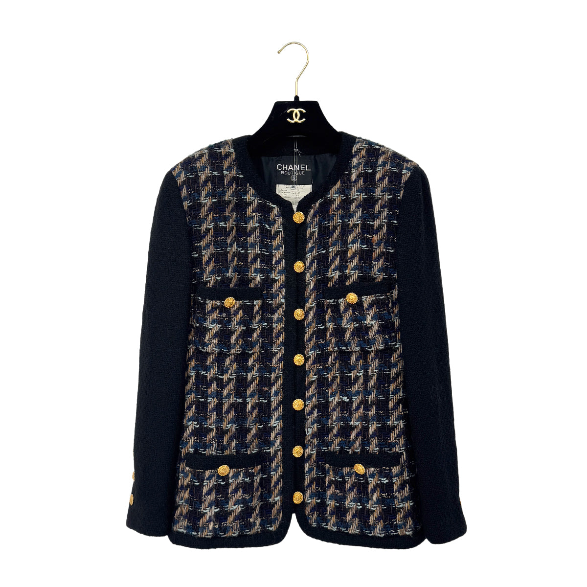 CHANEL VINTAGE TWEED JACKET SKIRT SET WOOL COCO BUTTON BLACK 40 RTW 90288033