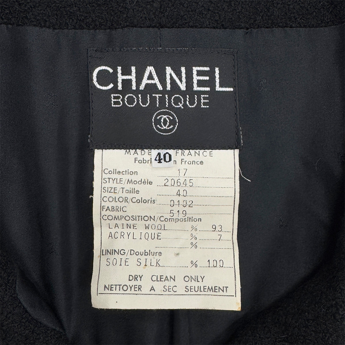 CHANEL VINTAGE TWEED JACKET SKIRT SET WOOL COCO BUTTON BLACK 40 RTW 90288033