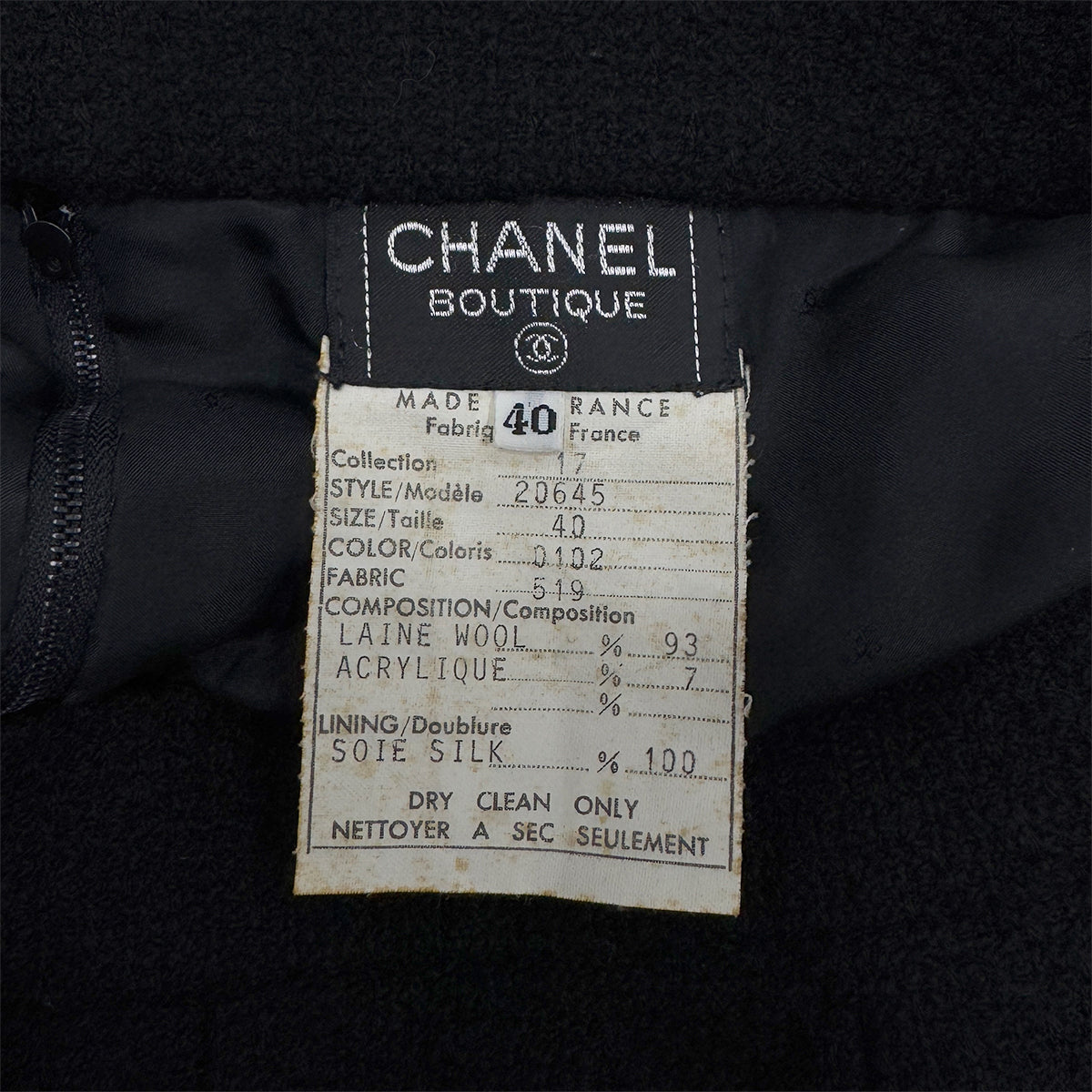 CHANEL VINTAGE TWEED JACKET SKIRT SET WOOL COCO BUTTON BLACK 40 RTW 90288033