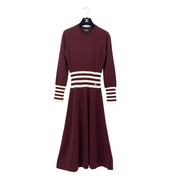 CHANEL COCO BUTTON LONG SLEEVE KNIT DRESS BURGUNDY CASHMERE 38 P55 RTW 90288041