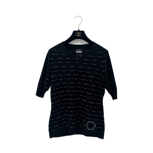 CHANEL COCOMARK CAMELLIA STRIPE HALF SLEEVE TOPS BLACK COTTON 40 P47 RTW 90288050