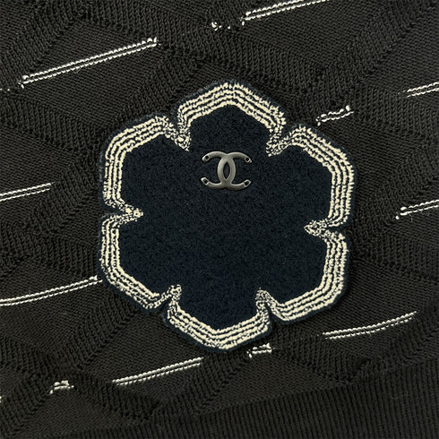 CHANEL COCOMARK CAMELLIA STRIPE HALF SLEEVE TOPS BLACK COTTON 40 P47 RTW 90288050