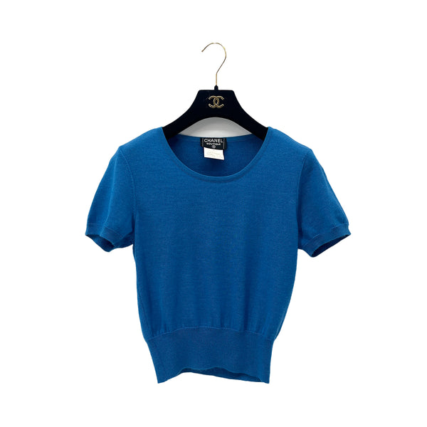 CHANEL VINTAGE COCOMARK HALF SLEEVE KNIT TOPS BLUE CASHMERE 42 95A RTW 90288055