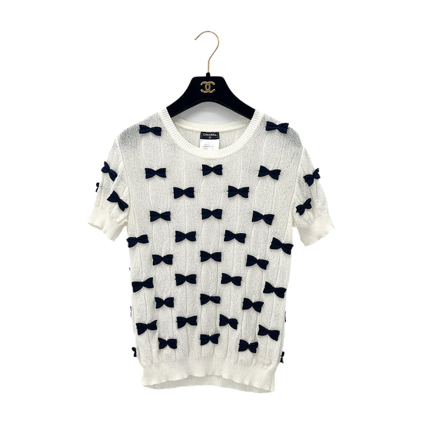 CHANEL RIBBON MOTIF HALF SLEEVE TOPS WHITE COTTON 34 P49 RTW 90288057