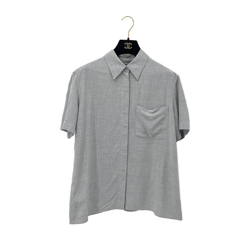 CHANEL VINTAGE COCOMARK BACK POCKET SHORT SLEEVE SHIRT GRAY RAYON 44 RTW 90288060 - PURPOSE