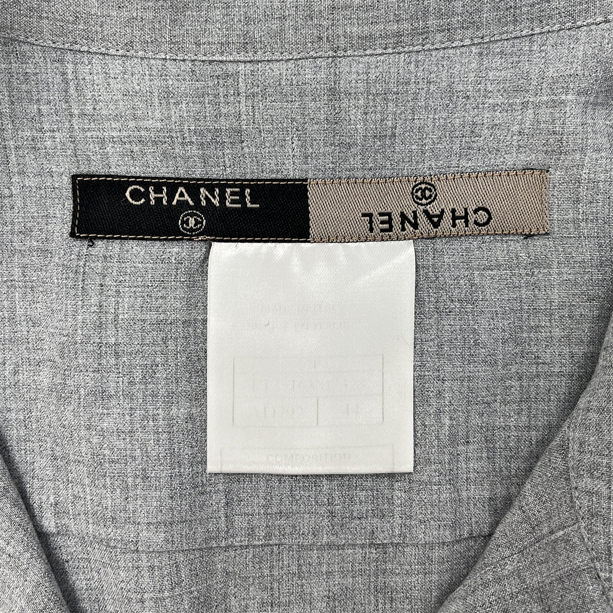CHANEL VINTAGE COCOMARK BACK POCKET SHORT SLEEVE SHIRT GRAY RAYON 44 RTW 90288060