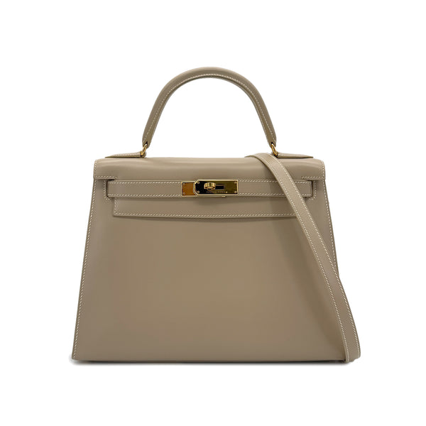 HERMES KELLY 28 SELLIER GRIS TOURTERELLE BOXCALF HAND SHOULDER BAG □B GHW 90288062 - PURPOSE