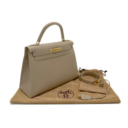 HERMES KELLY 28 SELLIER GRIS TOURTERELLE BOXCALF HAND SHOULDER BAG □B GHW 90288062 - PURPOSE