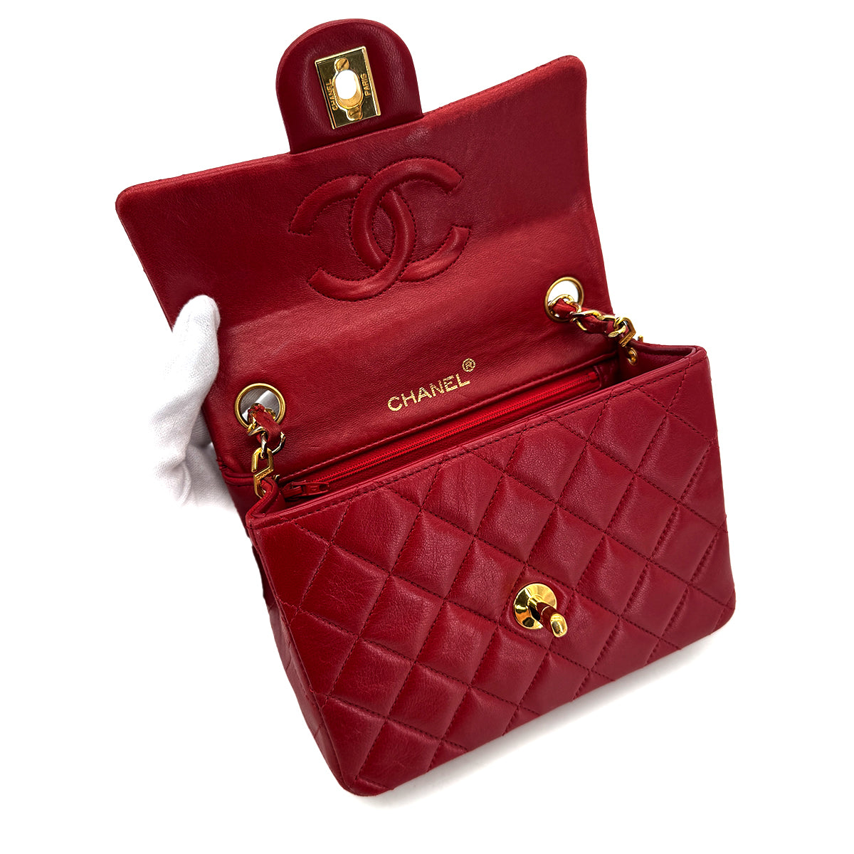 CHANEL VINTAGE MINI MATELASSE CHAIN SHOULDER BAG RED LAMB SKIN 90288069