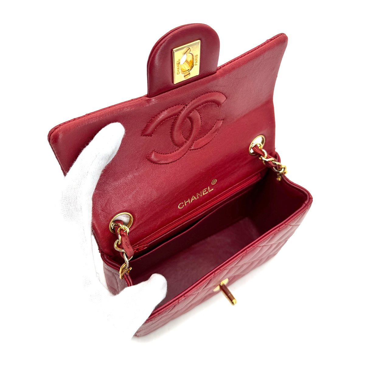 CHANEL VINTAGE MINI MATELASSE CHAIN SHOULDER BAG RED LAMB SKIN 90288069