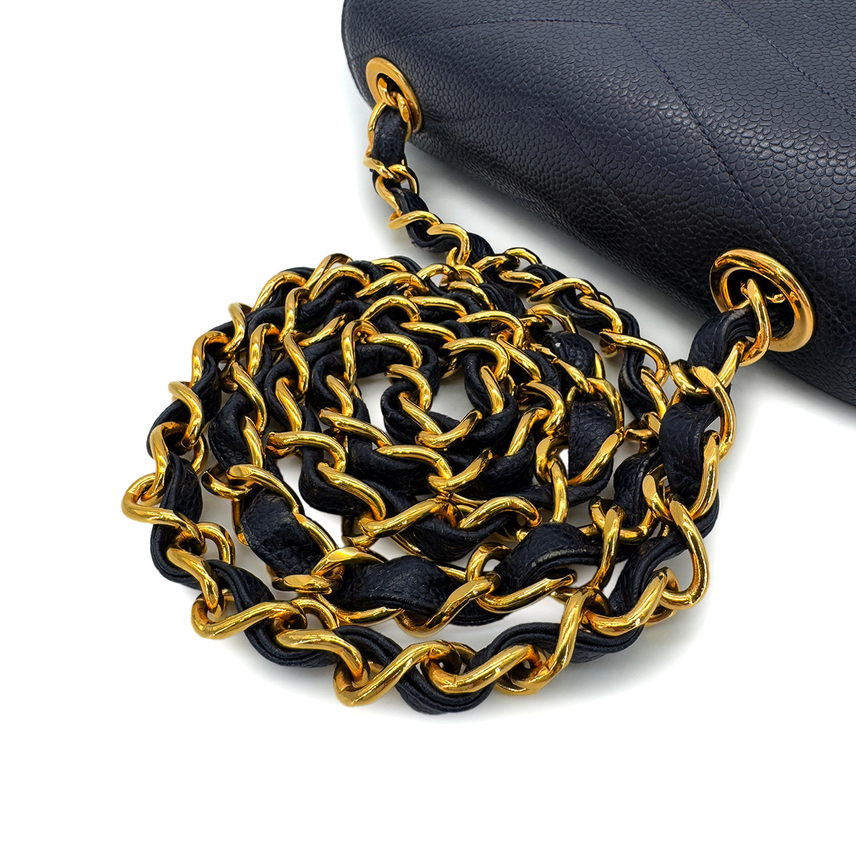 CHANEL VINTAGE CHEVRON V STITCH CHAIN SHOULDER BAG NAVY CAVIAR SKIN 90288483